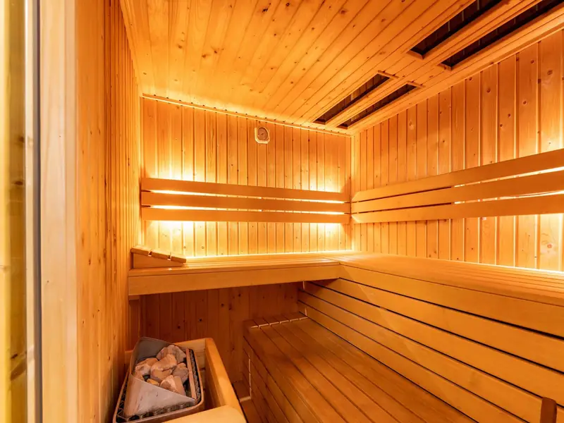 Houten sauna met banken op twee hoogtes, een kachel met stenen en licht achter de rugleuningen.